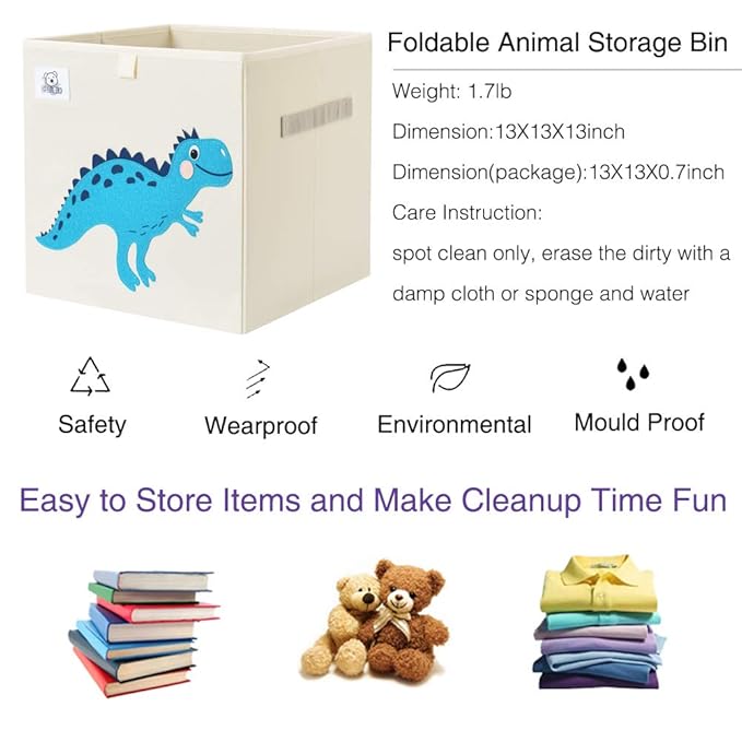CLCROBD Foldable Animal Cube Storage Bins Fabric Toy Box/Chest/Organizer for Toddler/Kids Nursery, Playroom, 13 inch (Dino T-Rex)