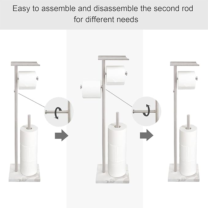 GZILA Toilet Paper Holder Stand with Shelf, Marble Base Heavy Free Standing Toilet Paper Double Roll Holders SUS304 Stainless Steel Brushed Nickel, Storages 4 Reserve Rolls Dispenser