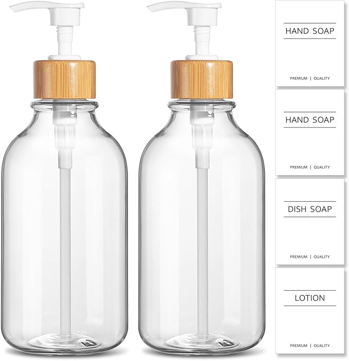 Clear Soap Dispenser, 2 Pack Plastic Dish Soap Dispenser for Kitchen, 17 Fl Oz Bathroom Hand Soap and Lotion Dispensers Set with Bamboo Pump, Refillable Liquid Soap Bottles