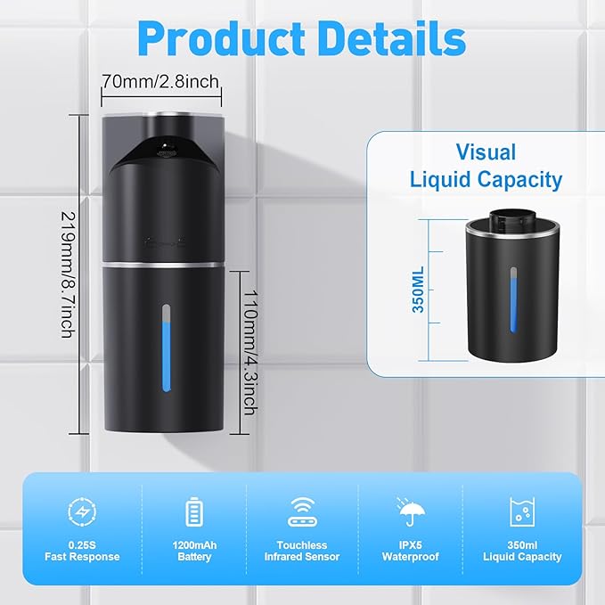 Automatic Soap Dispenser,Touchless Hand Wall Mount Rechargeable 3 Gear Adjustable Electric Soap Dispenser 350ml with Infrared Motion Sensor for Bathroom,Kitchen,Office, Black Foam