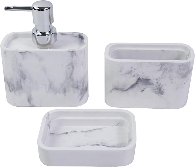 Hymmah Marble Pattern Bathroom Accessories Set, Toothbrush Holdr Set, 3 Pieces Resin Bathroom Set with Toothbrush Holder, Soap Dispenser, Soap Dish,Tumbler (Marble)