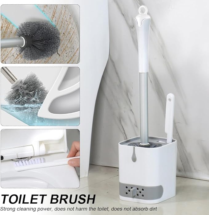Toilet Brush and Holder Set with Fine Seam Brush, Toilet Bowl Brush Head with Ventilated Holder, Wall Mounted Toilet' Scrub Brushes Set for Bathroom Deep Cleaning(Color:White Grey)