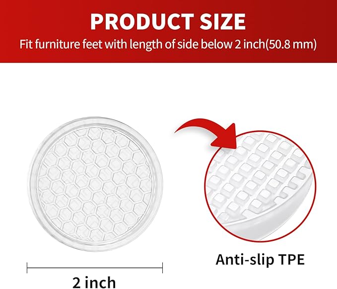 Ezprotekt Non Slip Furniture Pads, 16 Pcs 2" Anti Slip Rubber Caster Cups, Anti Skid Furniture Coasters for Hardwood Floors, No Slide Furniture Gripper, Furniture Stoppers to Prevent Sliding (Clear)