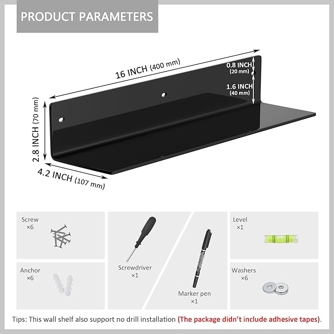 16 Inches Black Acrylic Wall Shelves 2 Pack, L Shape Floating Shelf, Acrylic Corner Shelf for Model Car, Candle, Calendar, Towel, Toiletries, Moisture-Proof, 4'' Depth