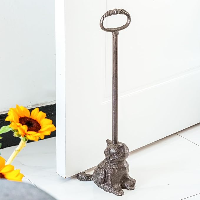 Sungmor Portable Door Stopper Wedge, 21.6" Tall Lovely Cat Door Holder, Cast Iron Heavy Duty Animal Statue Door Stops with Handle, Antique Style Decorative Ornaments for Home or Yard