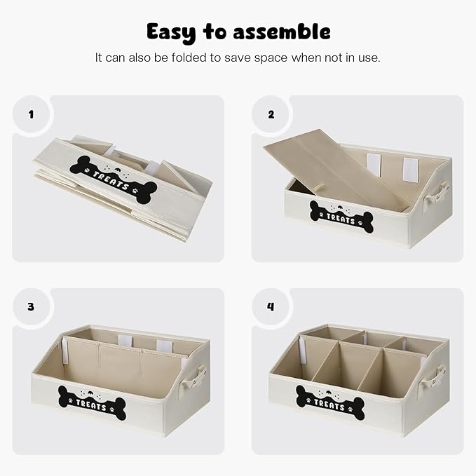 Dog Treat Container, Dogs Storage Organizer with Removable Dividers, Collapsible Dogs Treat Holder for Countertop, Trapezoid Pet Treats Containers, Dog Toy Basket with PU Handles, Medium, Beige