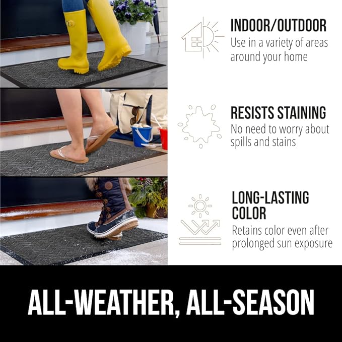 GORILLA GRIP 100% Waterproof All-Season WeatherMax Doormat, 72x24, Durable Natural Rubber, Stain and Fade Resistant, Low Profile, Indoor Outdoor Door Mats, Easy Clean Patio Entrance Mat, Steel Chevron