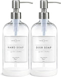 Vine Creations Clear Glass Soap Dispenser, 2 Pack Kitchen Soap Dispenser Set with Stainless Steel Pump, 16 oz Hand Soap or Dish Soap for Bathroom or Kitchen with Waterproof Labels