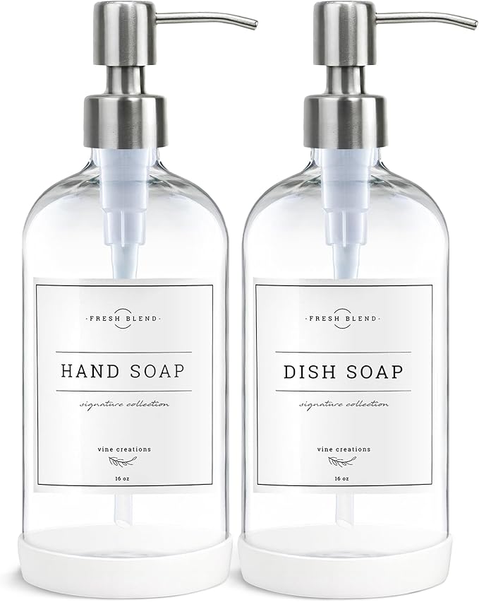 Vine Creations Clear Glass Soap Dispenser, 2 Pack Kitchen Soap Dispenser Set with Stainless Steel Pump, 16 oz Hand Soap or Dish Soap for Bathroom or Kitchen with Waterproof Labels