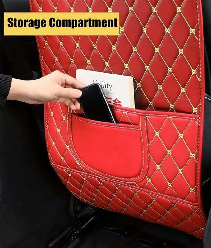 Leatherette Car Seat Protector - 2 Pack Large Car Kick Mats with Storage Pockets Organizer Seat Back Cover Against Dirty Shoes & Scratches, Universal Fit for Most Vehicles, Red
