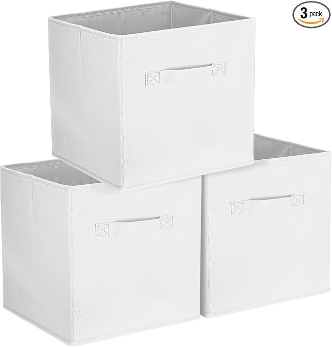 uxcell 3Pcs Fabric Storage Bins, 11 Inch Cube Storage Bin Foldable Storage Cube Organizer Bins with Handles for Shelf Closet, Nursery Home, Bedroom(White)