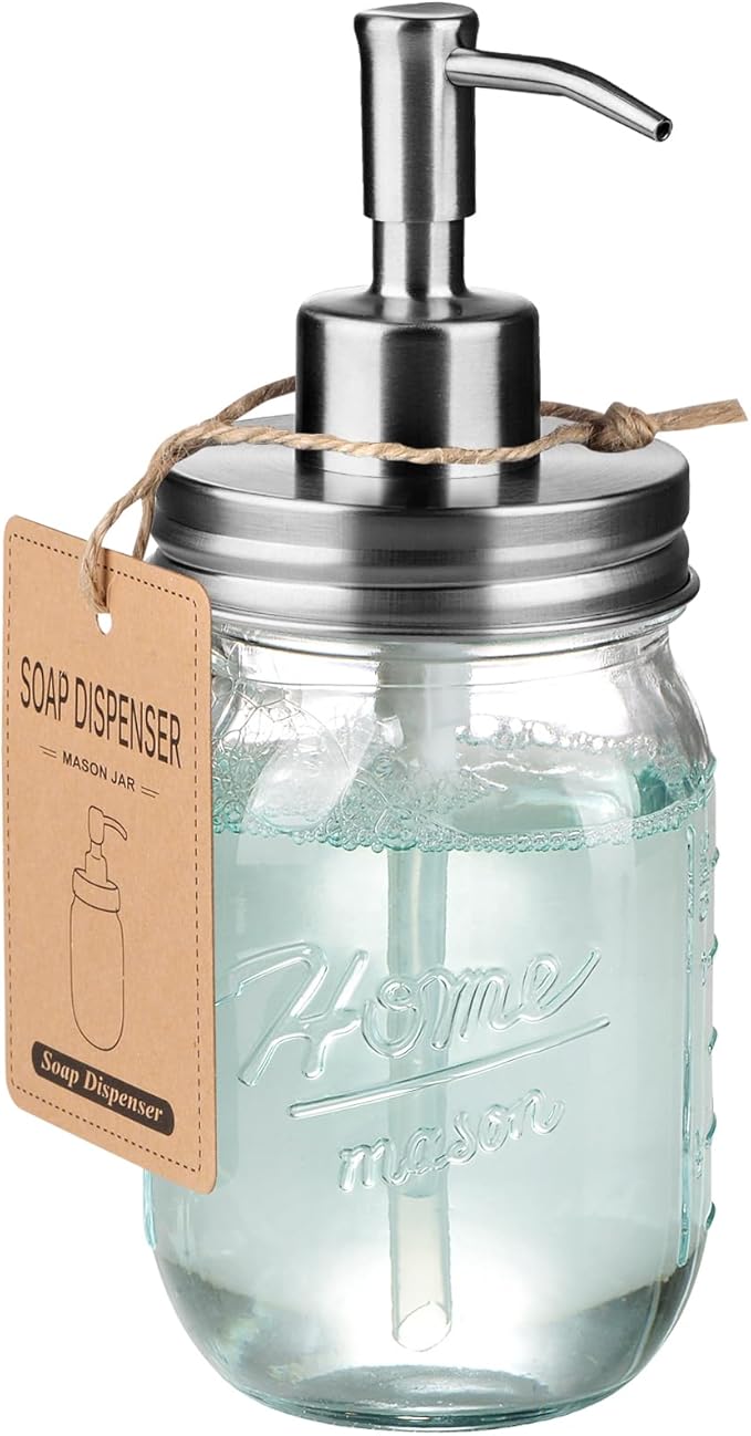 SheeChung 16 Oz Mason Jar Liquid Soap Dispenser, Glass Hand Soap Dispenser, Stainless Steel Pump Lid, Refillable Lotion Dispensers for Bathroom Countertop Kitchen (1, Brushed Nickel)