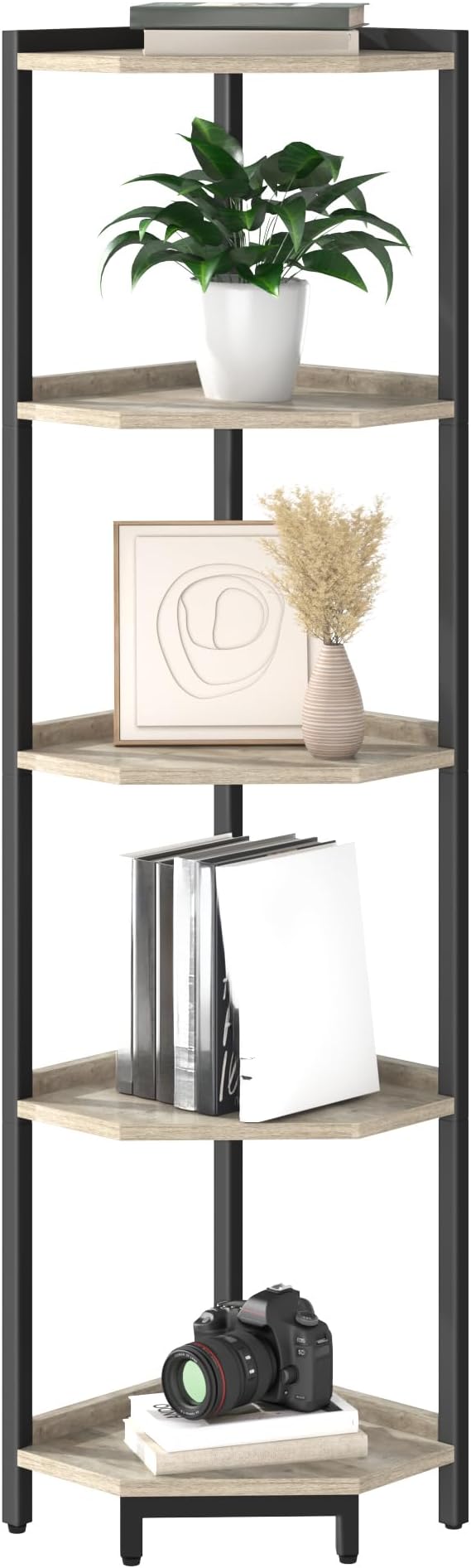 Corner Shelf Stand, Corner Bookshelf, Storage Standing Shelf Unit with Metal Frame, Plant Stand, Bookcase for Living Room, Home Office, Bedroom, 5-Tier Greige CS05905B