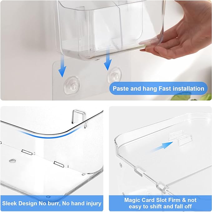 Diesisa Acrylic Wall Mount Organizer, Self Adhesive Organizer for Wall, Cabinet Door Organizer, No Drilling Hang Walls, with 2 Compartments, for Bathroom, Pantry, Kitchen, Utility Room