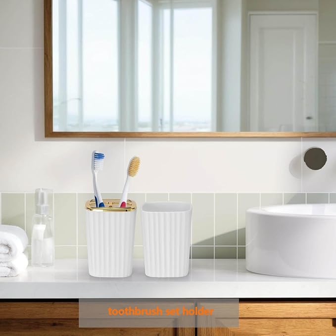Bathroom Accessories Set,9 Piece White Bathroom Sets Complete with Toothbrush Holder, Trash Can, Lotion Soap Dispenser, Toothbrush Cup, Vanity Tray, Soap Dish, Toilet Brush, Qtip Holder for New Home