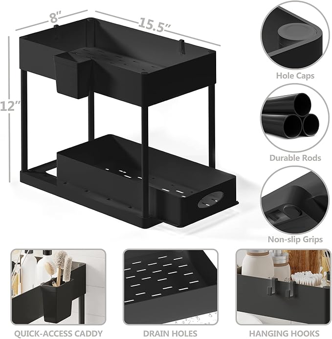 Under Sink Organizers and Storage, Bathroom Cabinet Organizer, Sink Shelf with Utility Hooks and Side Caddy for Under Cabinet Storage | Under Kitchen Sink Organizer with Sliding Drawer, Black (2-Pack)