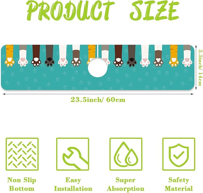 Sink Splash Guard Faucet Mat Cat Paws and Footprints Absorbent Fast Drying Mat Sink Gadgets Splash Guard Behind Faucet Drip Catcher for Kitchen Bathroom 23.5"X5.5"