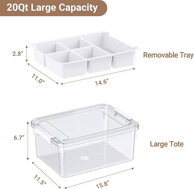 HOMETUK 20Qt Plastic Storage Bin with Lid, Clear Latching Organizer Box with Removable Tray, Portable Storage Container, for Holiday Ornaments, Home Organization, 1Pack