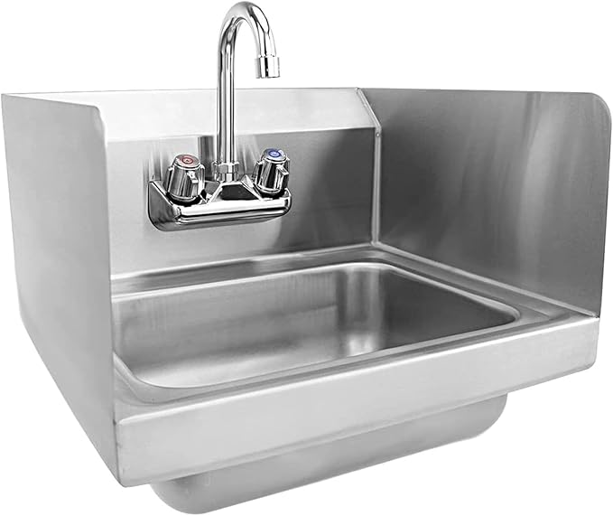 15" x 17" Stainless Steel Wall Mount Hand Sink with Gooseneck Faucet & Side Splash – NSF Certified Commercial Handwashing Basin
