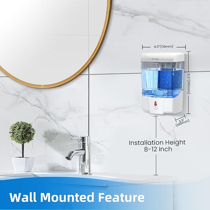 SVAVO Automatic Soap Dispenser Touchless, 21oz/600ml Soap Dispenser Wall Mount, Liquid Soap Dispensers for Hand Soap Refill, Bathroom, Kitchen, Household, Commercial Place, ABS Plastic White