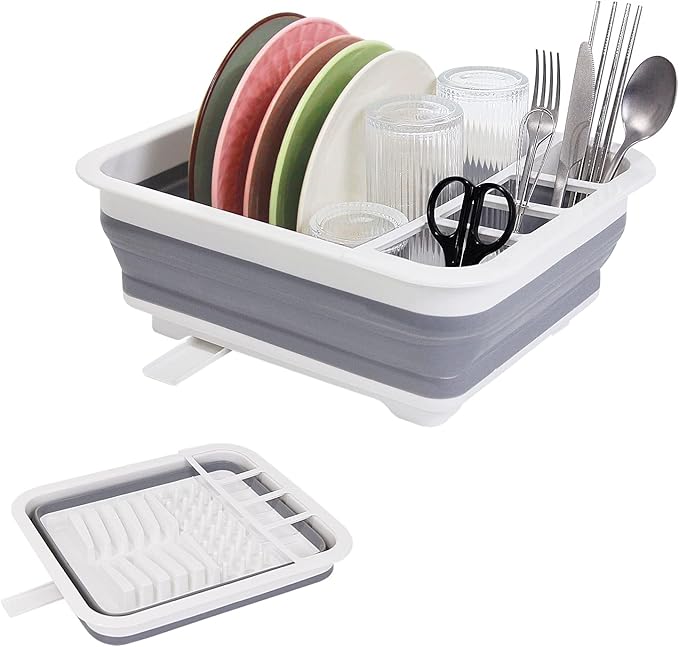 Collapsible Dish Drying Rack with Rotating Drain & Plug,Space-Saving Dish Drainers for Kitchen Counter, Portable Dish Rack Over Sink Drying Dinnerware,Travel Trailer RV Camping Essentials