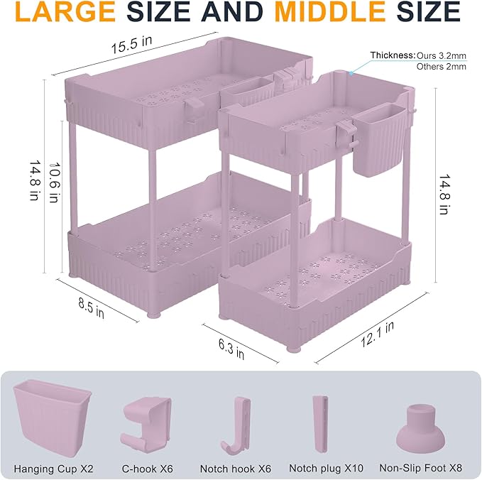 2 Pack Under Sink Organizer, Under Bathroom Cabinet Organizer with Hooks Hanging Cup, Multi-Purpose Storage Shelf for Kitchen Bathroom (Pink, XL)