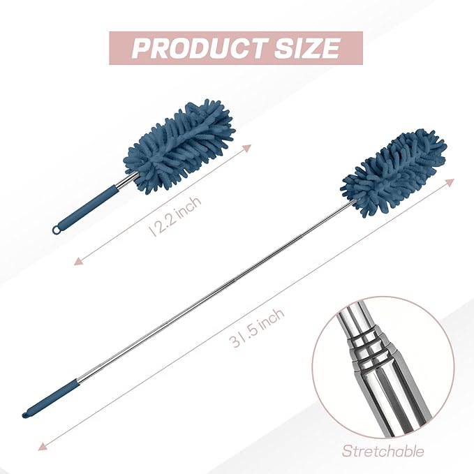 2PCS Car Interior Duster with Extension Pole, Soft Chenille Microfiber Duster for Cleaning, Scratch Free & Lint-Free, Washable Cleaning Brushes for Vehicle Details, Home, Office (Blue)