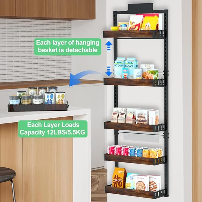 Jolitac Over The Door Pantry Organizer, 6-Tier Adjustable Solid Wood Rack Over-Door & Wall Storage Organizer with 8 Boards (2 Extra) Multi-Space Kitchen,Bathroom Reinforced Frame for Durable Use