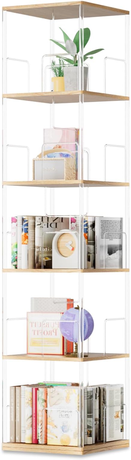 360° Rotating Bookshelf, 5-Tier Spinning Book Shelf Tower with Solid Wood & Clear Acrylic, Square Revolving Bookcase for Living Room, Bedroom and Office