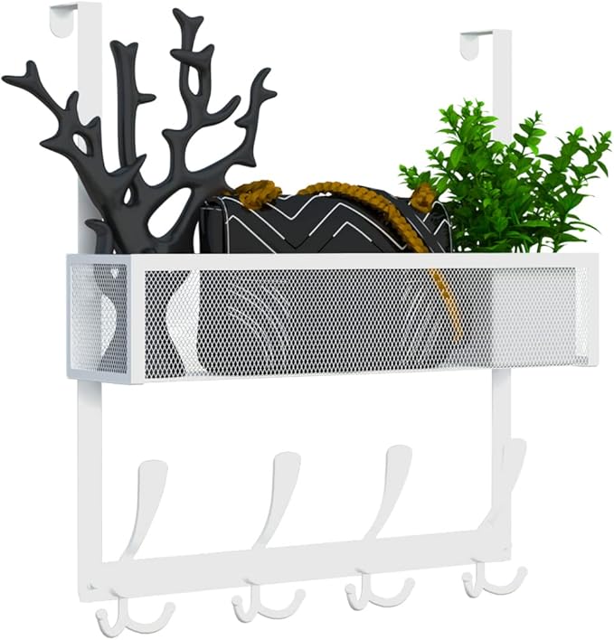 Kaiferty Over The Door Hooks Organizer,Over Door Hanger Towel Rack Mesh Basket with 12 Hooks,Back of Door Storage Organizer for Bedroom,Bathroom,Kitchen,Office(White)