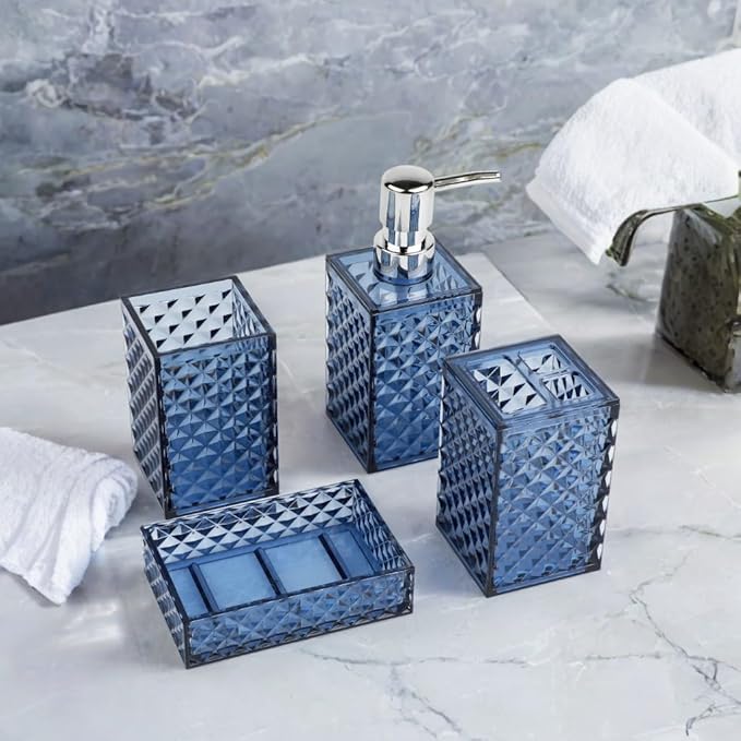 Blue Bathroom Accessories Set, 4 PCS Dark Navy Blue Bathroom Accessories Sets Complete, Diamond Pattern Bathroom Soap Dispenser and Toothbrush Holder Set, Boho Bathroom Décor and Accessories