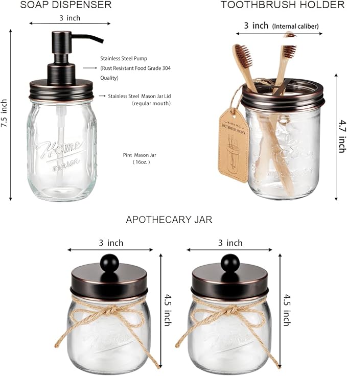 Amolliar Mason Jar Bathroom Accessories Set 4 Pcs -Lotion Soap Dispenser & 2 Qtip Holders & Toothbrush Holder - Rustic Farmhouse Decor, Bathroom Home Decor, Perfect Decorating Idea (Oil Rubbed Bronze)