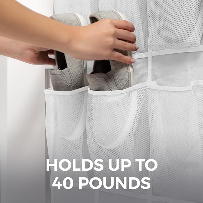 HOME GENIE Over the Door Hanging Shoe Organizer, 24 Breathable Mesh Pockets, Closet Rack Storage Holder, Stay in Place Hooks Hang on Closets, Hanger Holds Up to 40 lbs for Shoes, Accessories, White