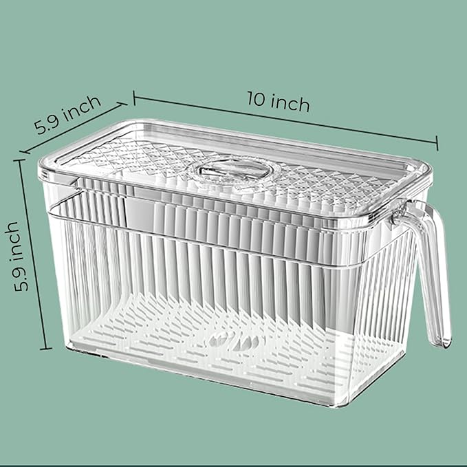 2 Pack Clear Refrigerator Organizers and Storage, Plastic Fridge Organizer Bins with Handle and Removable Drain Tray, Multi-Use Organizer Bins for Kitchen, Cabinets, Fridge, Drinks, Vegetable