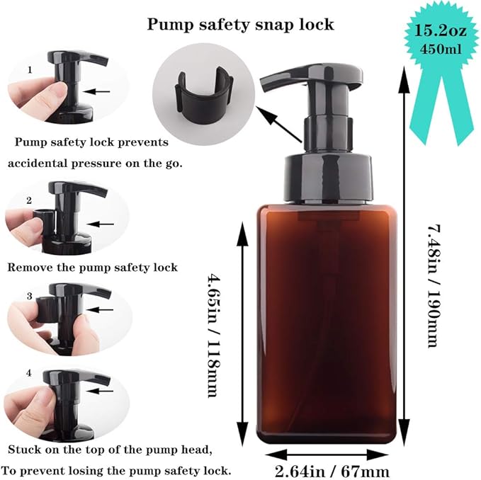 2 Pack Foaming Soap Dispenser 15oz Refillable Foam Liquid Hand Soap Empty Plastic Pump Bottle Container for Bathroom Vanities, Kitchen Sink, Hospital, Clinic, Amber Brown 450ml