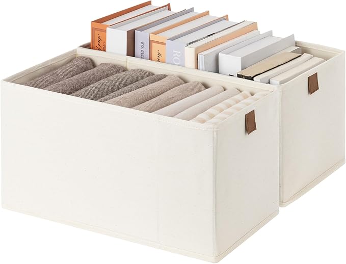 StorageWorks Narrow Storage Baskets for Shelves, Small Storage Bins, Fabric Storage Bins with PU Handle, Ideal for Clothes, Underwear, and Diapers, Beige, 2-Pack