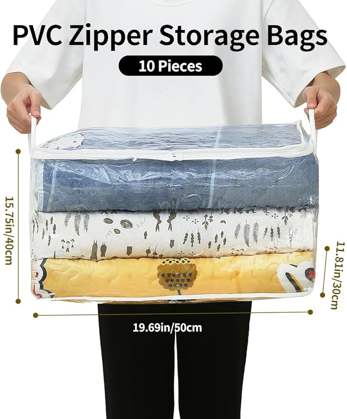 10 PCS Clear Zippered Storage Bags with Handle, Sweater Storage with Zipper, Foldable Closet Organizer Bed Sheet Organizer, Cube Plastic Organizer, Bag, Bin for Clothes,Towel-20 * 16 * 12