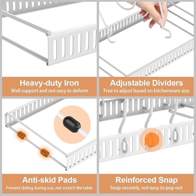 Housolution 2 Pack Pot and Pan Organizer Rack, 12"-23" Expandable Pot Lid Organizer with 14 Adjustable Dividers, Pan Holder Storage Rack for Kitchen Cabinet, White