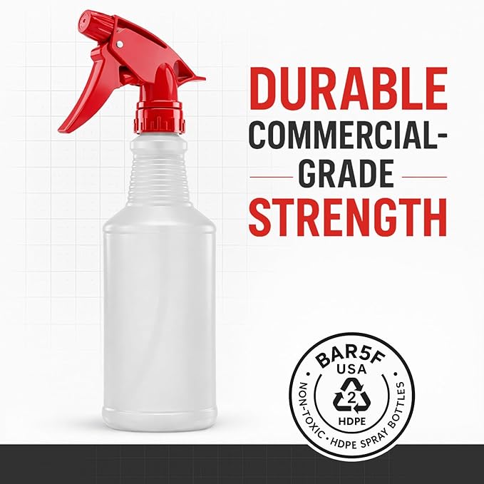 Bar5F Spray Bottles, 16 Oz, 4 Pack, Chemical-Resistant HDPE, BPA-Free, Non-Toxic, Red Trigger Sprayers, Refillable Empty Sprayer Bottle for Cleaning Solutions, Vinegar, Alcohol, Made in USA