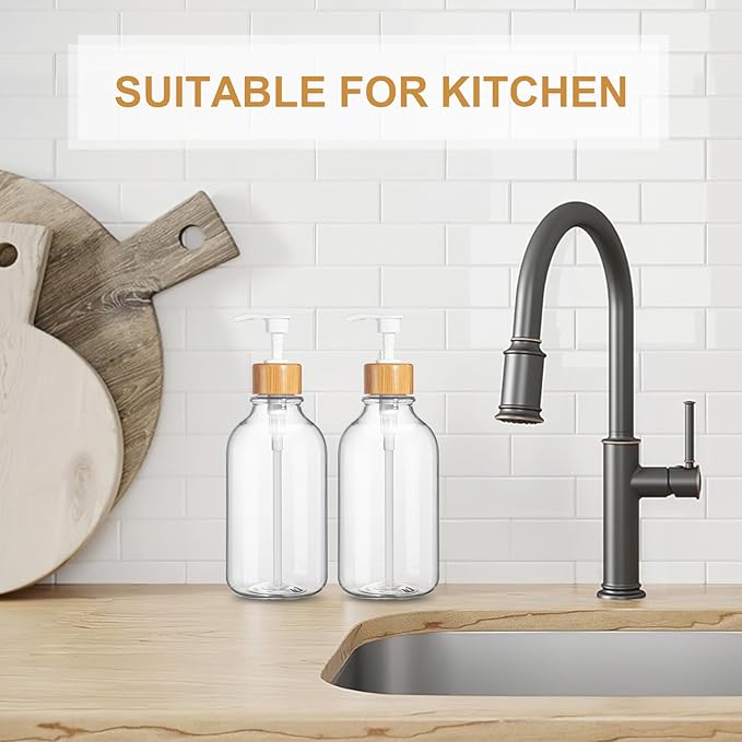 Clear Soap Dispenser, 2 Pack Plastic Dish Soap Dispenser for Kitchen, 17 Fl Oz Bathroom Hand Soap and Lotion Dispensers Set with Bamboo Pump, Refillable Liquid Soap Bottles