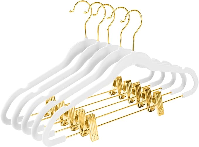MIZGI Premium Velvet Pants Hangers with Adjustable Clips (Pack of 20) Slim Skirt Hangers- Non Slip Felt Outfit Dress Hangers White - Gold Hooks,Space Saving Shirt Clothes Hangers