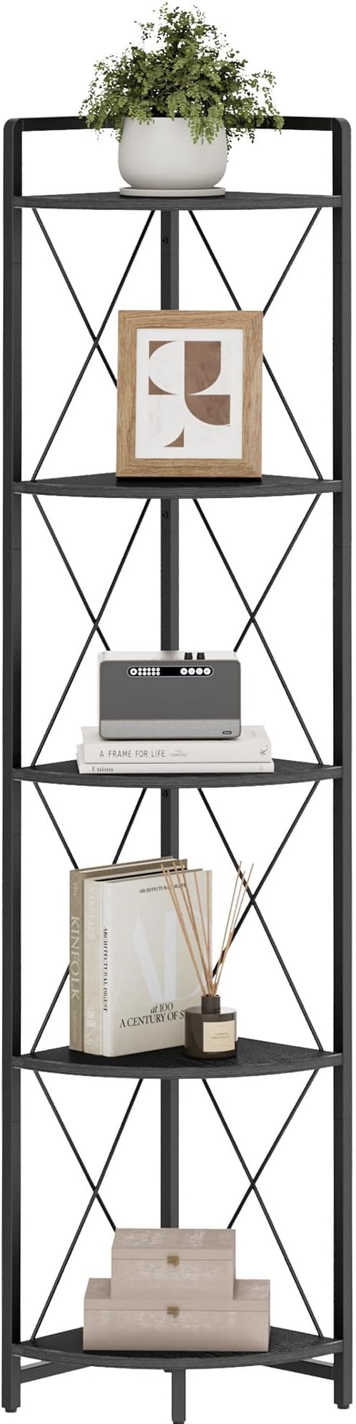 5 Tier Corner Shelf Stand, 64" H Tall Industrial Corner Bookshelf for Living Room Decor, Metal Corner Shelf, Plant Stand Display Shelf for Bedroom, Bathroom, Small Space, Black