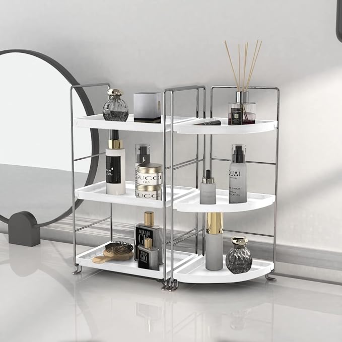 3-Tier Corner Bathroom Counter Shelf Stackable Perfume Storage Holder Makeup Countertop Organizer Standing Vanity Tray Kitchen Spice Rack,White and Silver