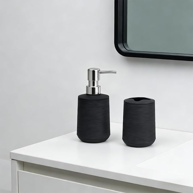 Bathroom Accessories Set, Bathroom Soap Dispenser & Toothbrush Holder Set, 2Pcs High Capacity Bathroom Set in Black, Minimalist Boho Style for Clutter-Free Bathroom