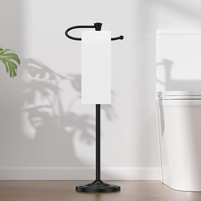 Toilet Paper Holder Free Standing, 25” H Stainless Steel Black Toilet Paper Stand, Weighted Base Floor Tissue Roll Holder for Bathroom,Toilet Roll Stand