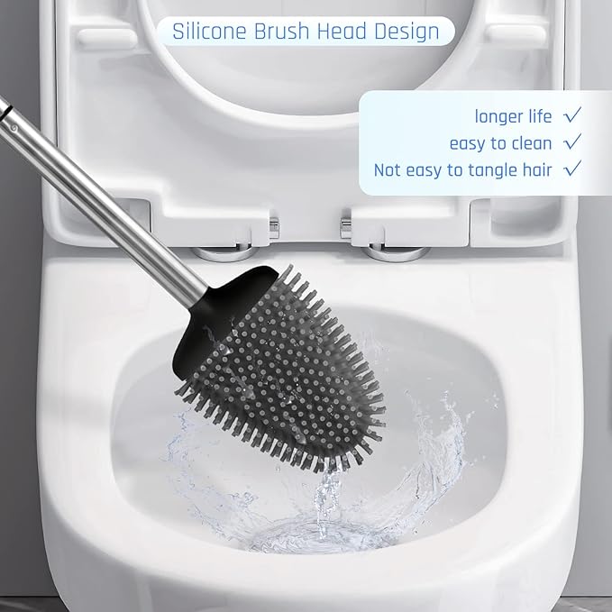 Sellemer Toilet Brush and Holder Set - Flexible Toilet Bowl Brush Head with Silicone Bristles, Compact Size for Storage and Organization, Ventilation Slots Base (4 Pack, Black)