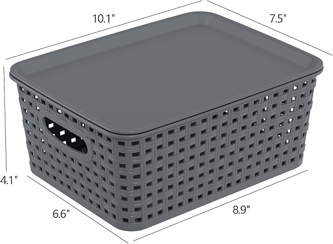 6-Pack Small Plastic Woven Storage Basket with Lid, Stackable Organizer Basket Bin, Grey