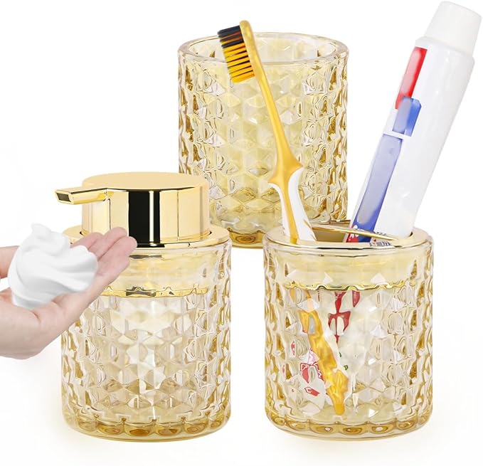 Bathroom Accessories Set, 3pcs Amber Glass Bathroom Accessory Set,Toothbrush Holder, Foaming Soap Dispenser and Tumbler, Gold Bathroom Decor Sets for Organizer, Home Apartment Gift