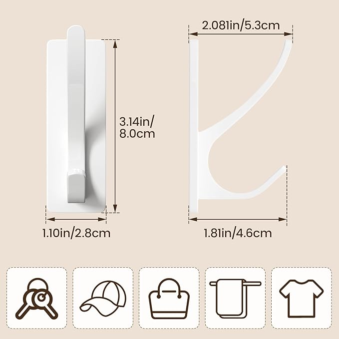 pickpiff Self Adhesive Coat Hooks for Hanging: Heavy Duty Stainless Wall Hook for Towel, Utensil, Backpack, Hat, Sturdy Metal Hanger for Bathroom, Kitchen, Door, White, 4-Pack