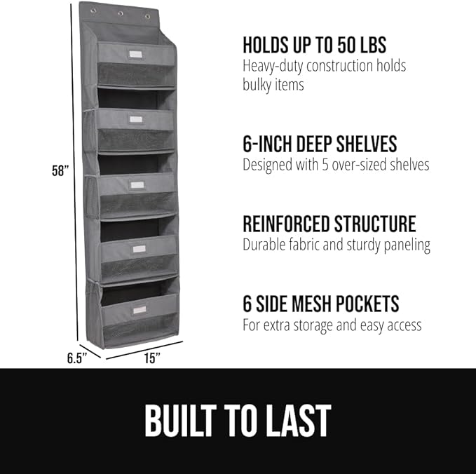 GORILLA GRIP Over The Door Organizer Storage, 5 Deep Hanging Shelves, Holds 50lbs, Closet Organizers Shelf for Bedroom, Shoes, Bathroom, Nursery, Dorm Essentials, 3 Metal Hooks, 58x15 Inches, Gray